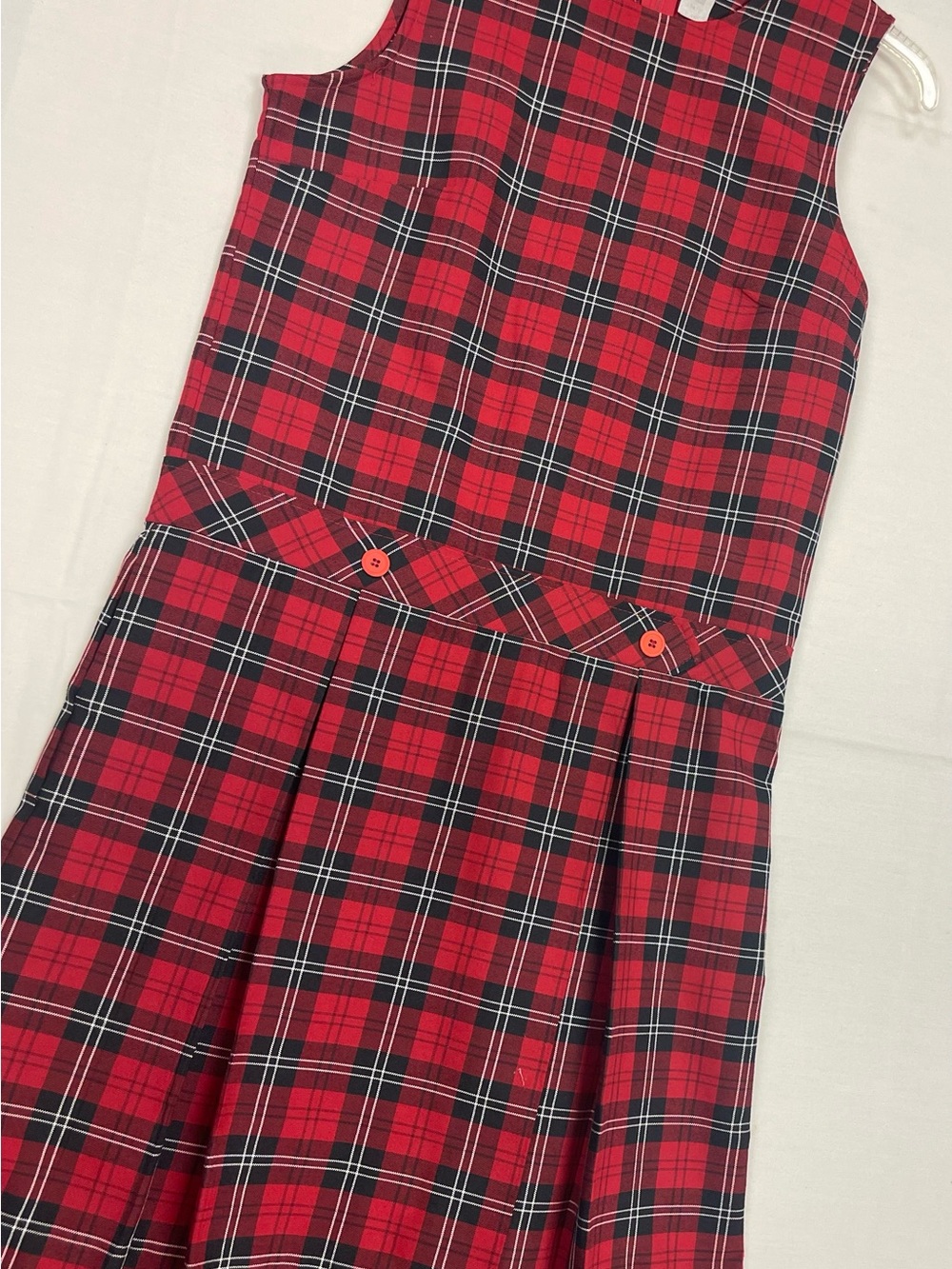 Girls Red Plaid Sleeveless School Dress with Button Waist Detail